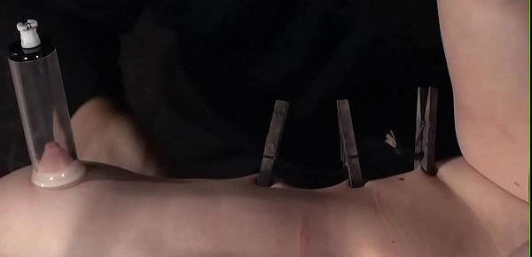  Sybian riding submissive clamped with pegs